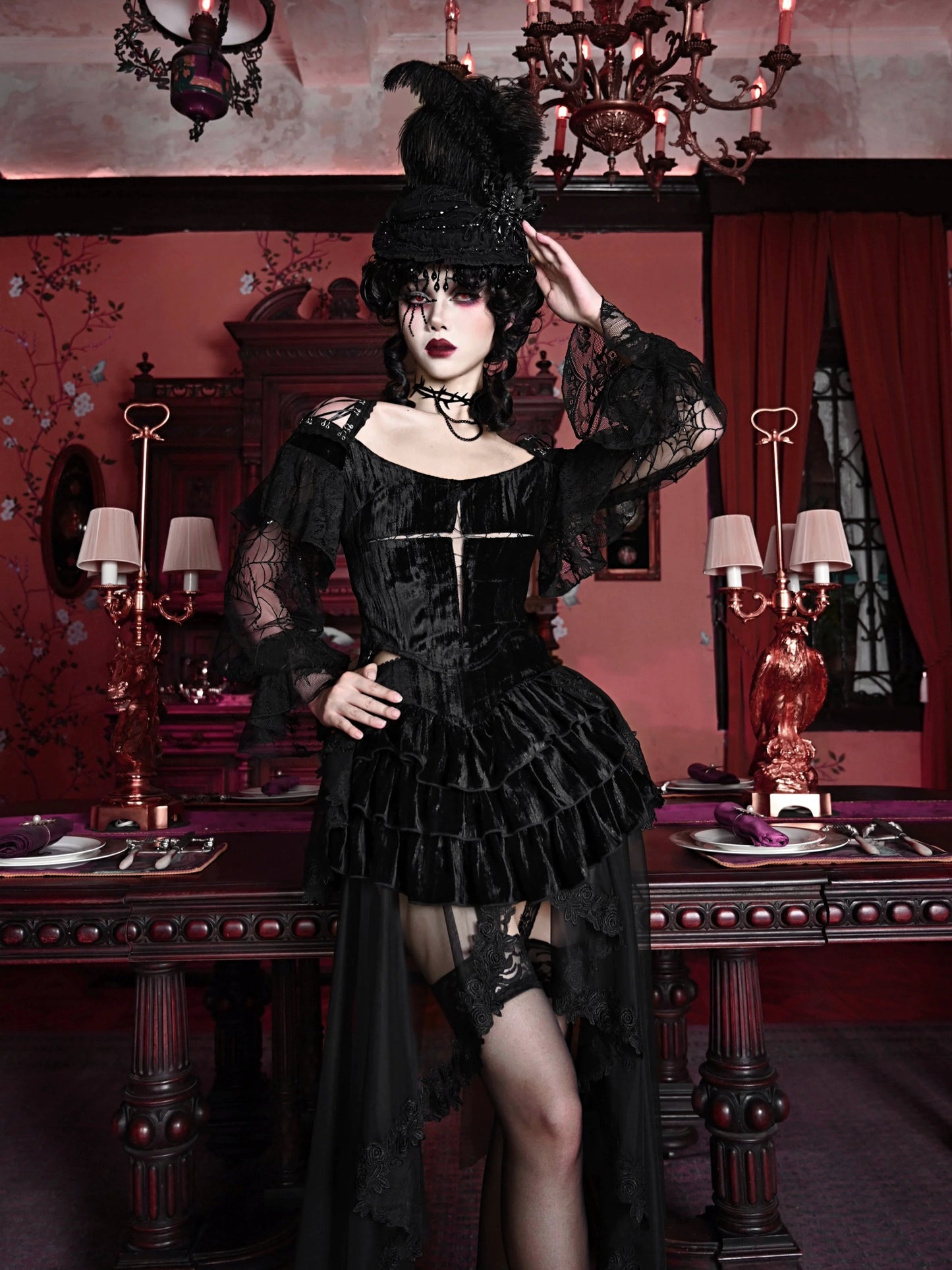 Spider Sleeve Gothic Lantern Top Velvet Lace Cross
