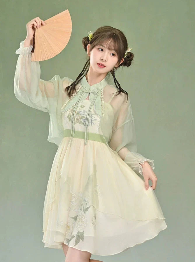 Robe caraco en mousseline de soie chinoise, veste transparente à fleurs