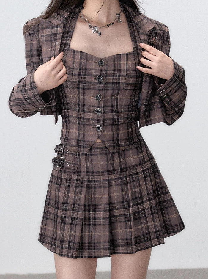 Retro Anzug Stück Schlaf Stil Rock Plissee Jacke College Weste