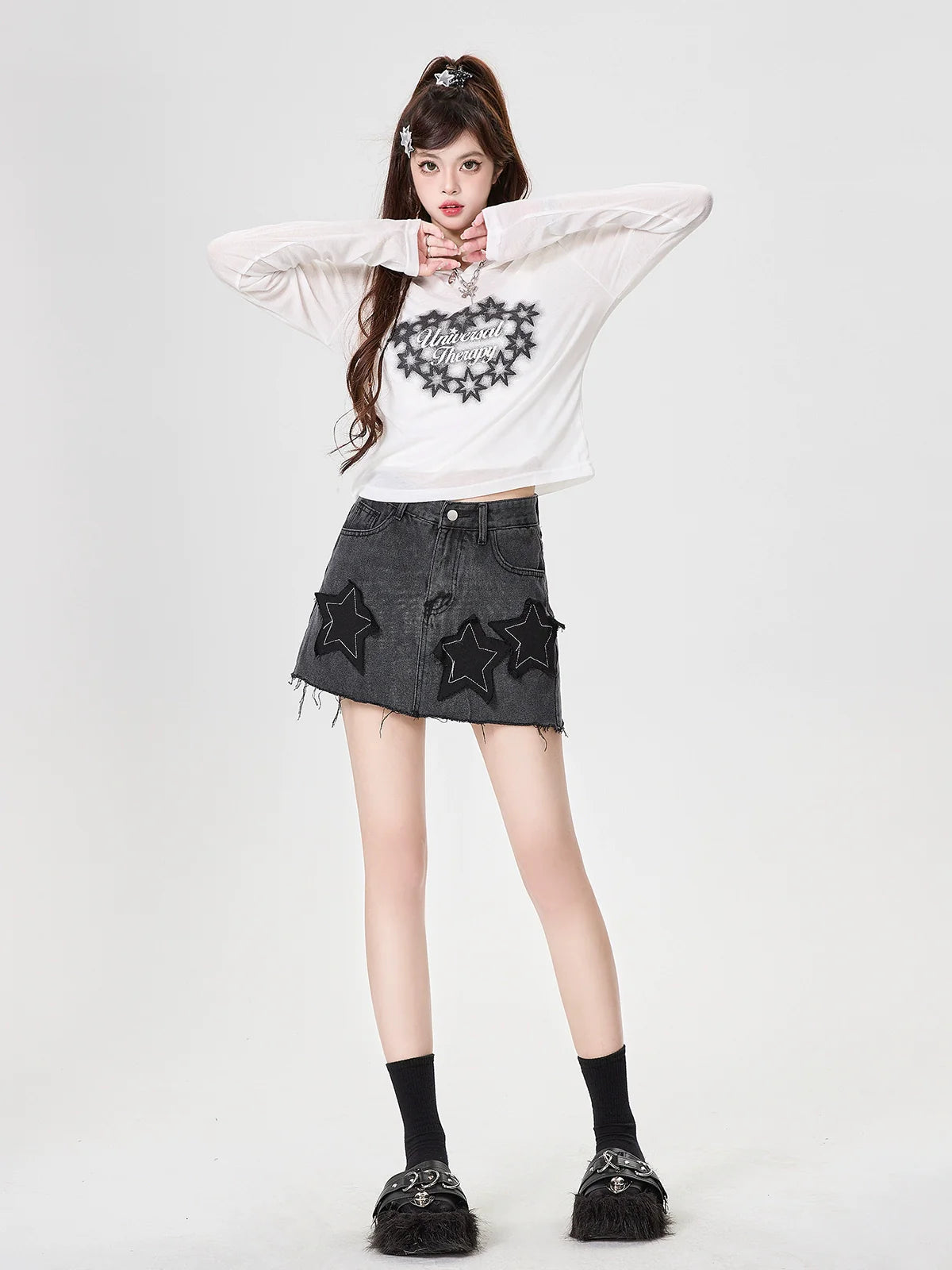 Hoodie Long Print Top T Star Sheer