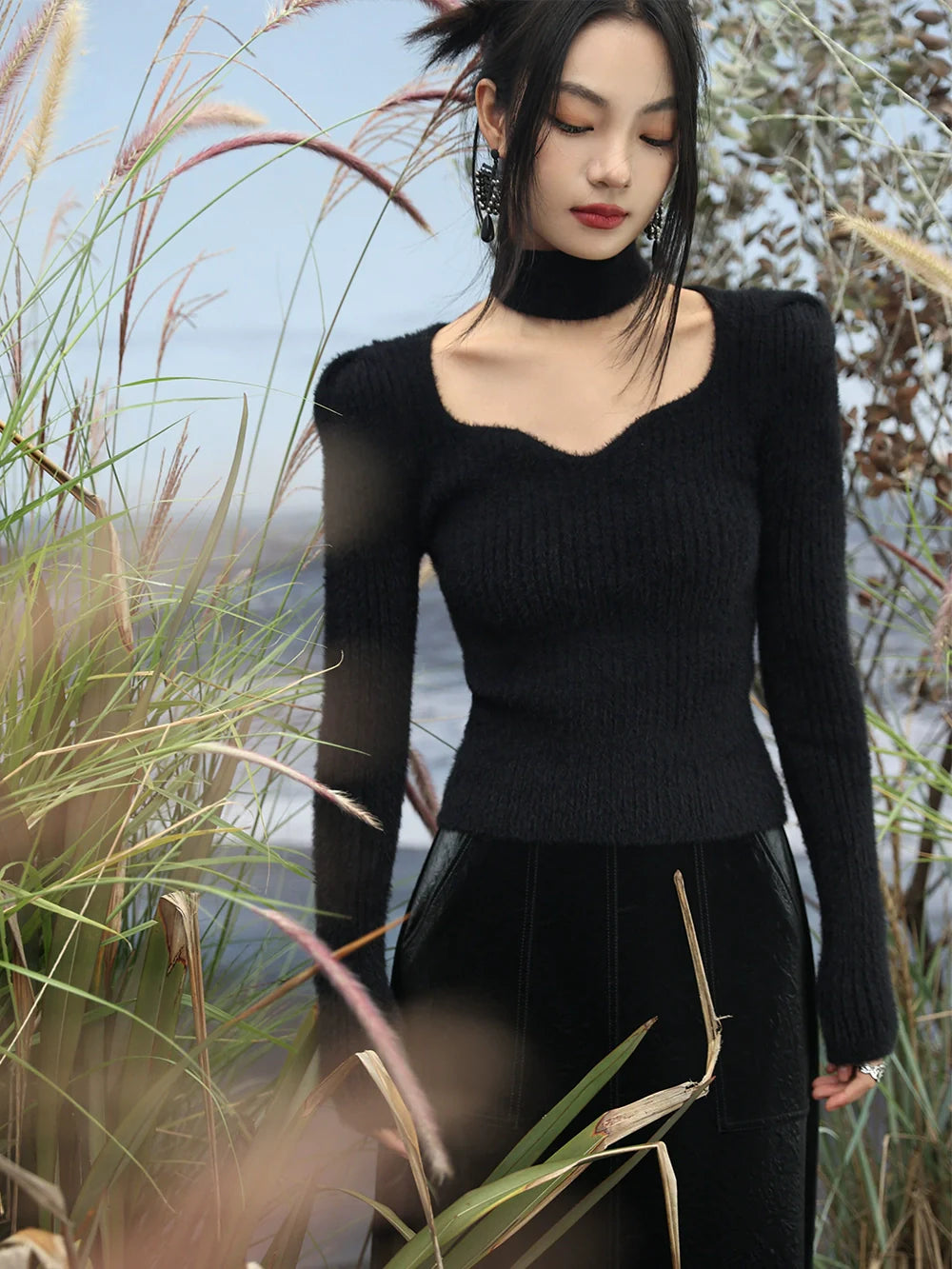 Pull ras du cou à col licou en tricot