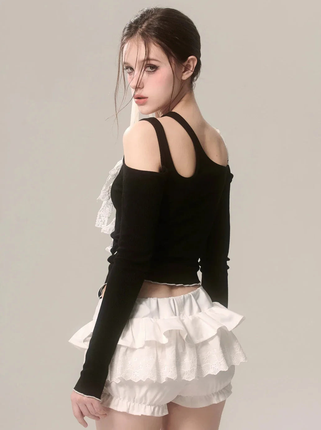 Asymmetrical Top Off-Shoulder Faux Ribbon Lace Black Two Piece