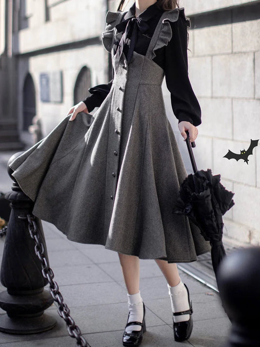Sleeve Skirt Shoulder + Retro Suspender Black Ruffle Shirt Ribbon Elegant Volume