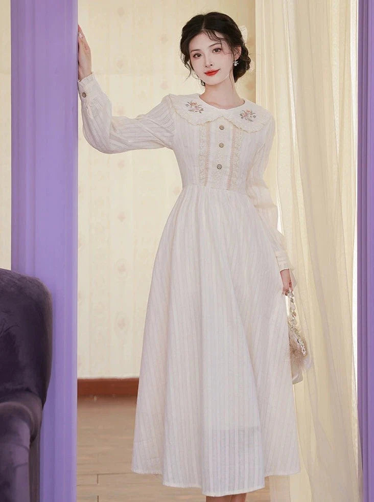 White Long Retro Pure Dress Flared