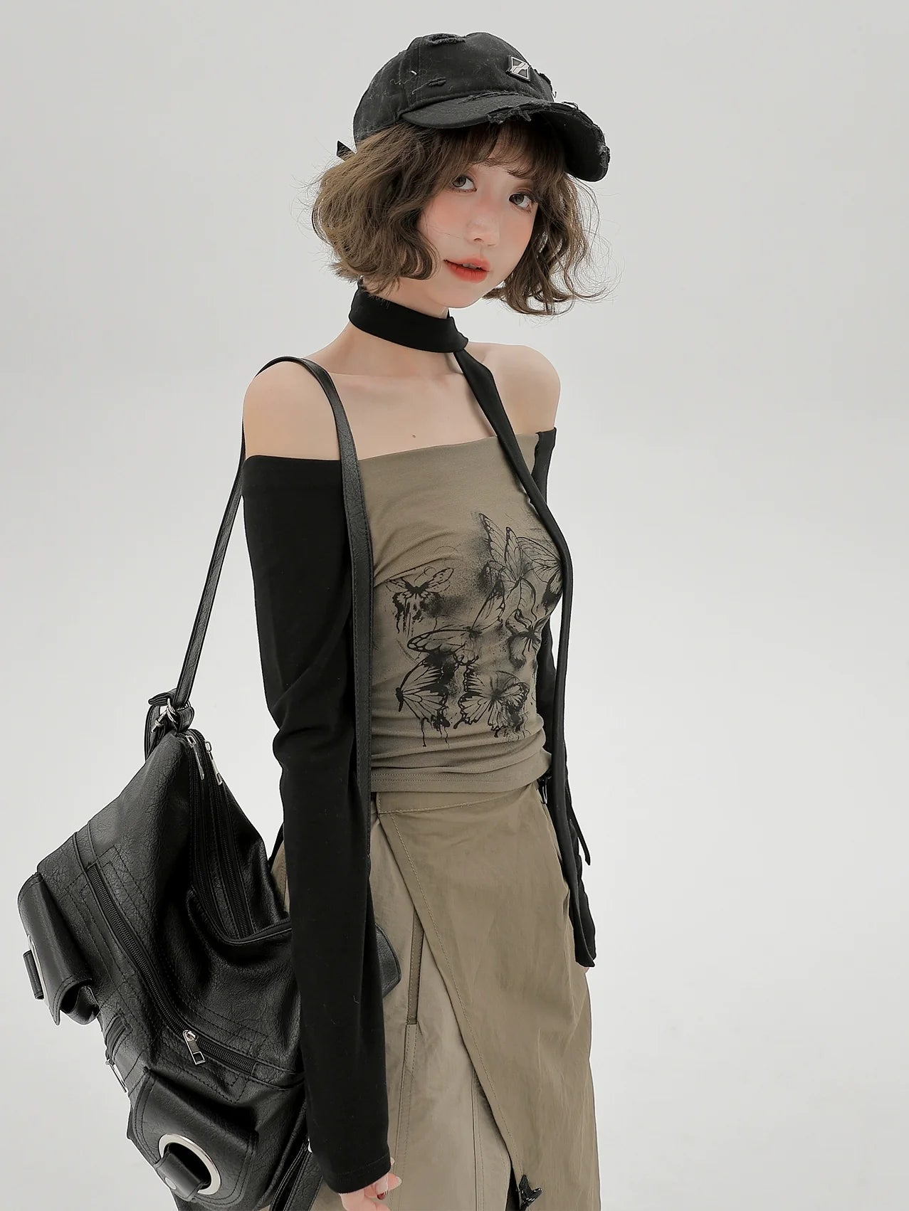 Top Slim One-line Scarf Off-the-shoulder Print Butterfly