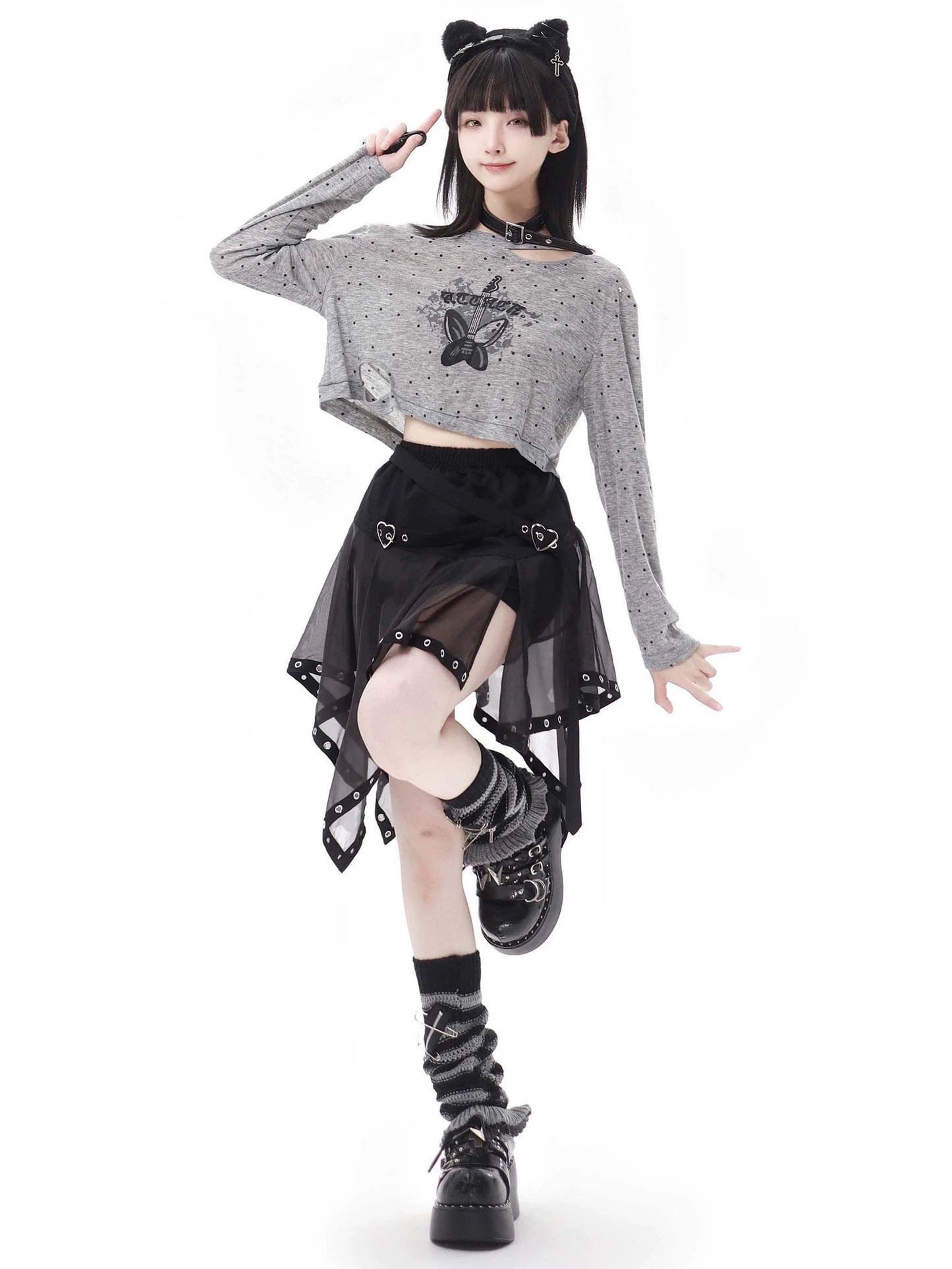 Drucken Sommer Kurzen Rock Unregelmäßigen Pullover Punk Hyde Tüll