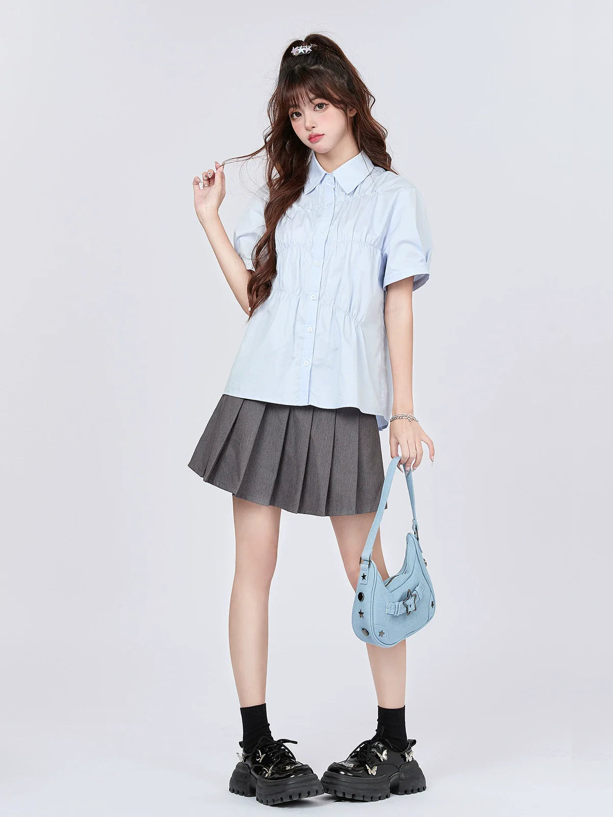 Pleated Blue Design Milk Shirt