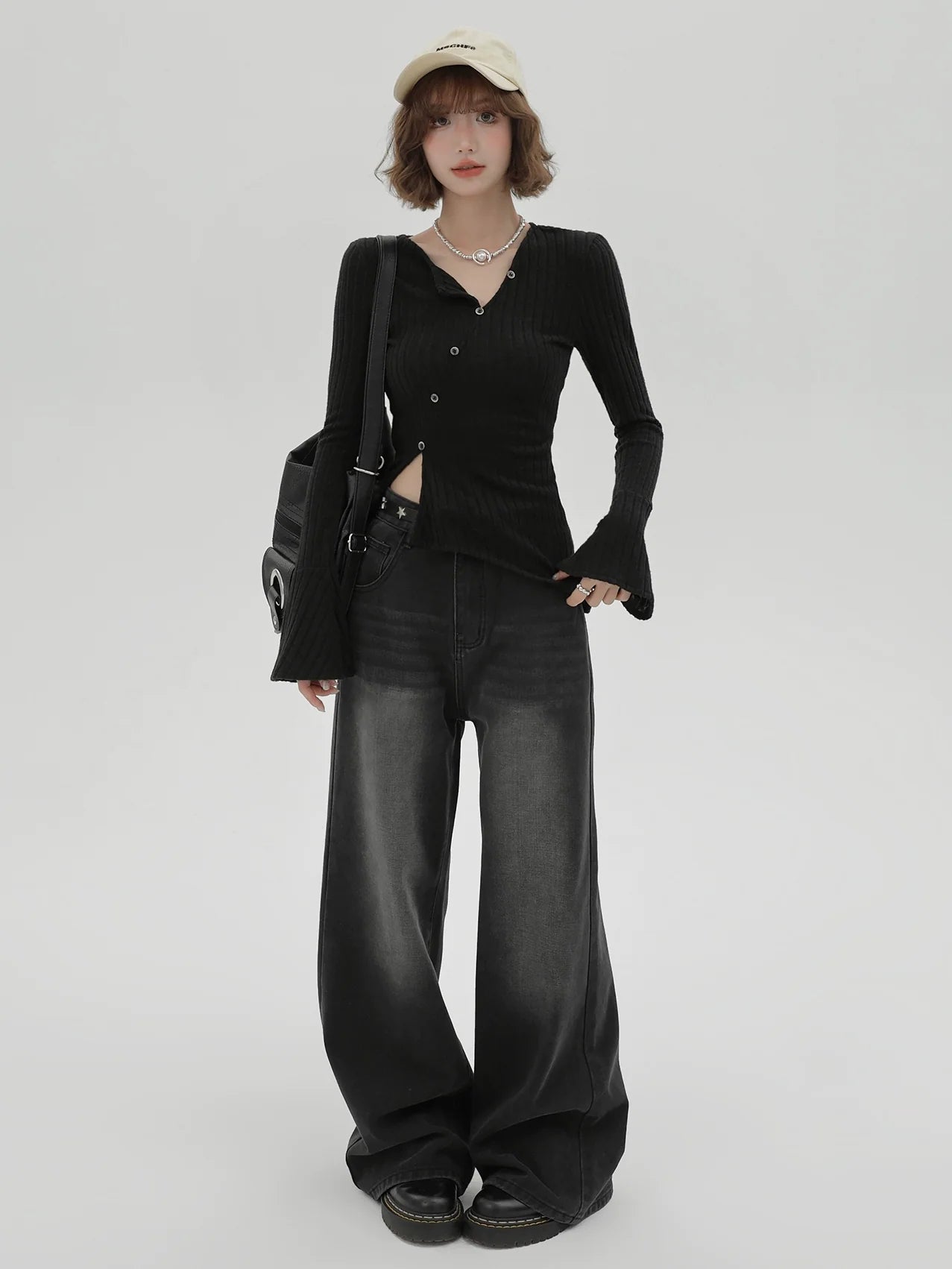 Vボタンウエストスリムシャツボトルネック斜め