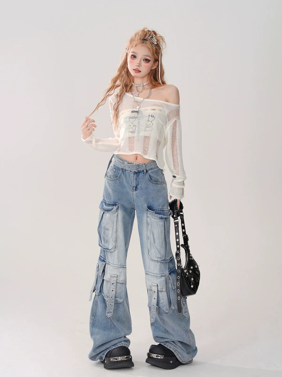 Short Top Ripped + Knit Off-Shoulder Lace-Up Top Back Tube