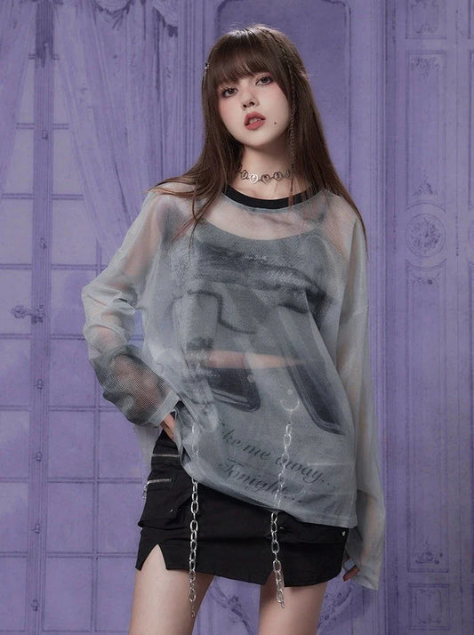 Sheer Print Gray Top Mode Mesh