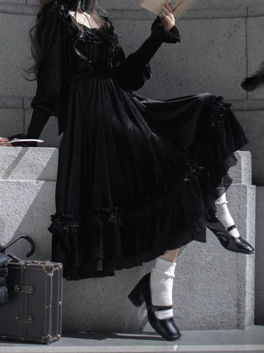 Collar Black Belt Elegant Retro + French Swan Ribbon Dress Square + Velvet