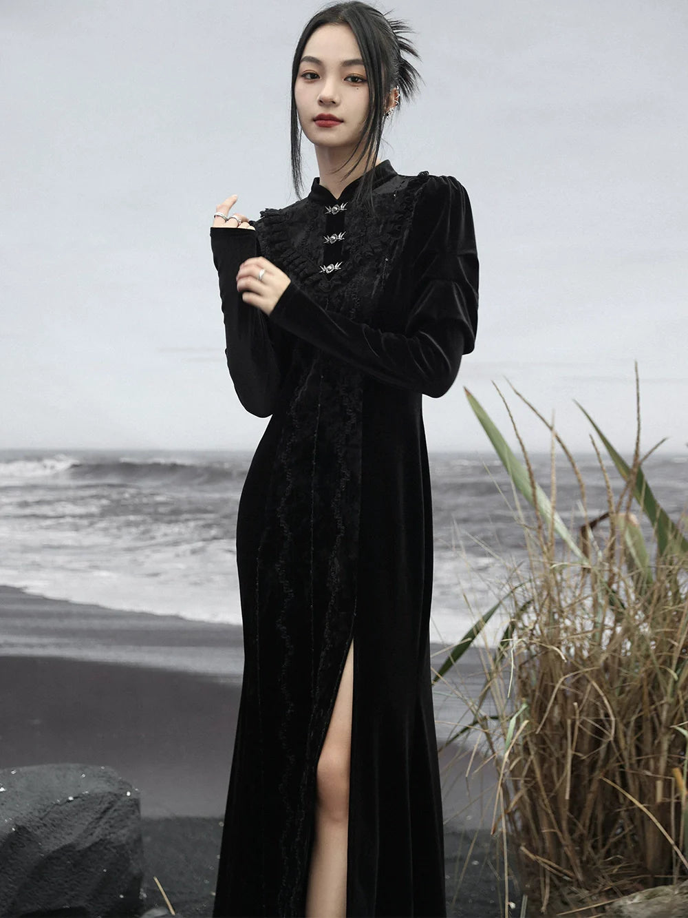 Skirt Retro Slit Long Dark Lace Splicing