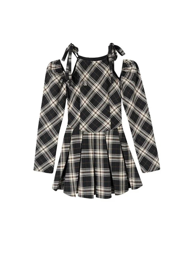 Line Ribbon Suspender Dress French Check