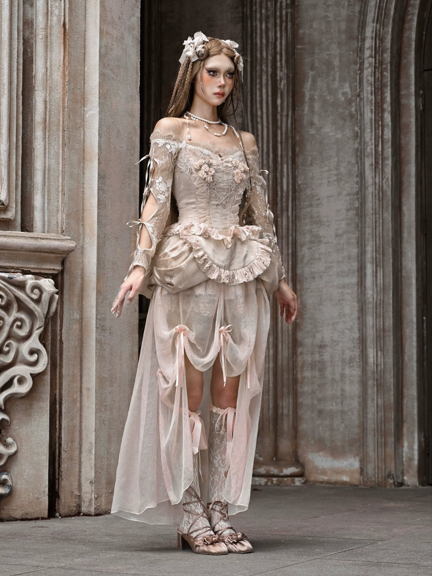 Court Strap Lace Ballet Cardigan Tops Häkelärmel innen schulterfrei