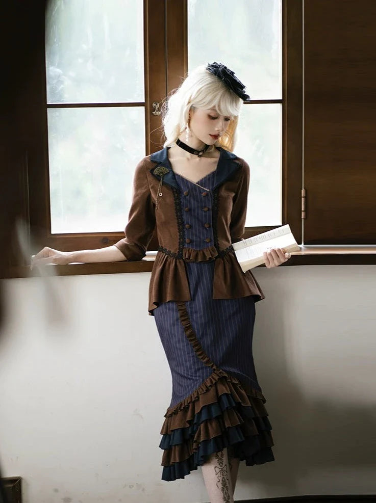Setup Steampunk Lolita Print Fischschwanz Stickerei