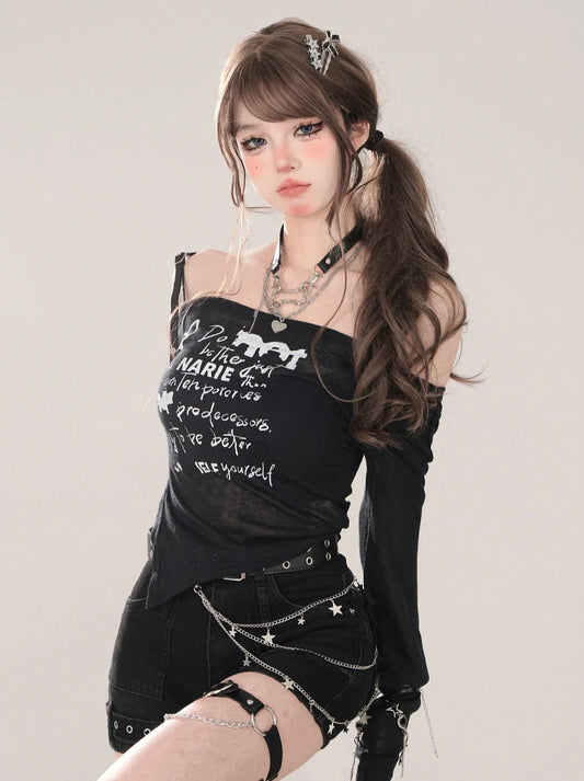 ロングスリットストラップオフショルダーイレギュラーTシアー