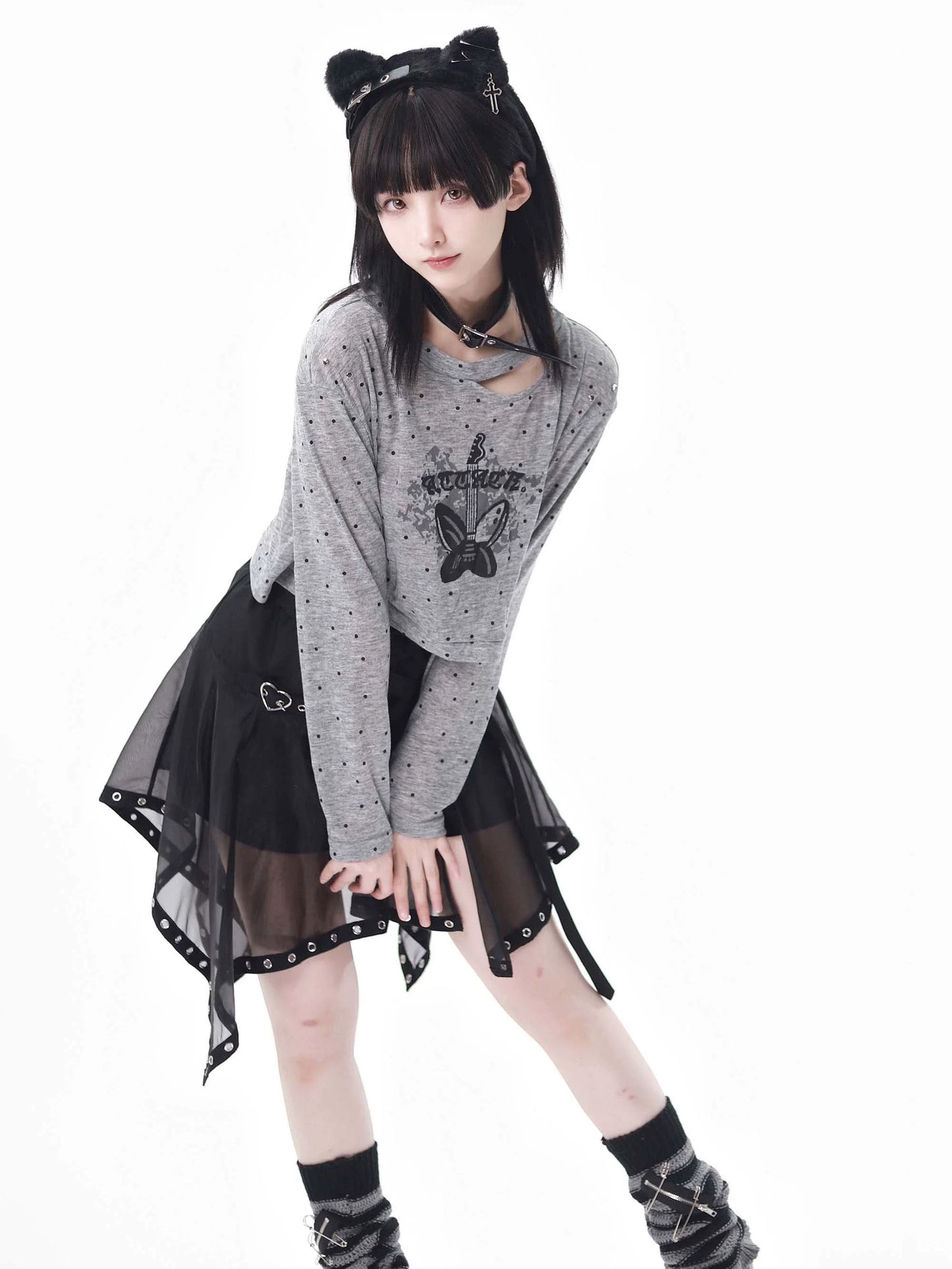 Drucken Sommer Kurzen Rock Unregelmäßigen Pullover Punk Hyde Tüll