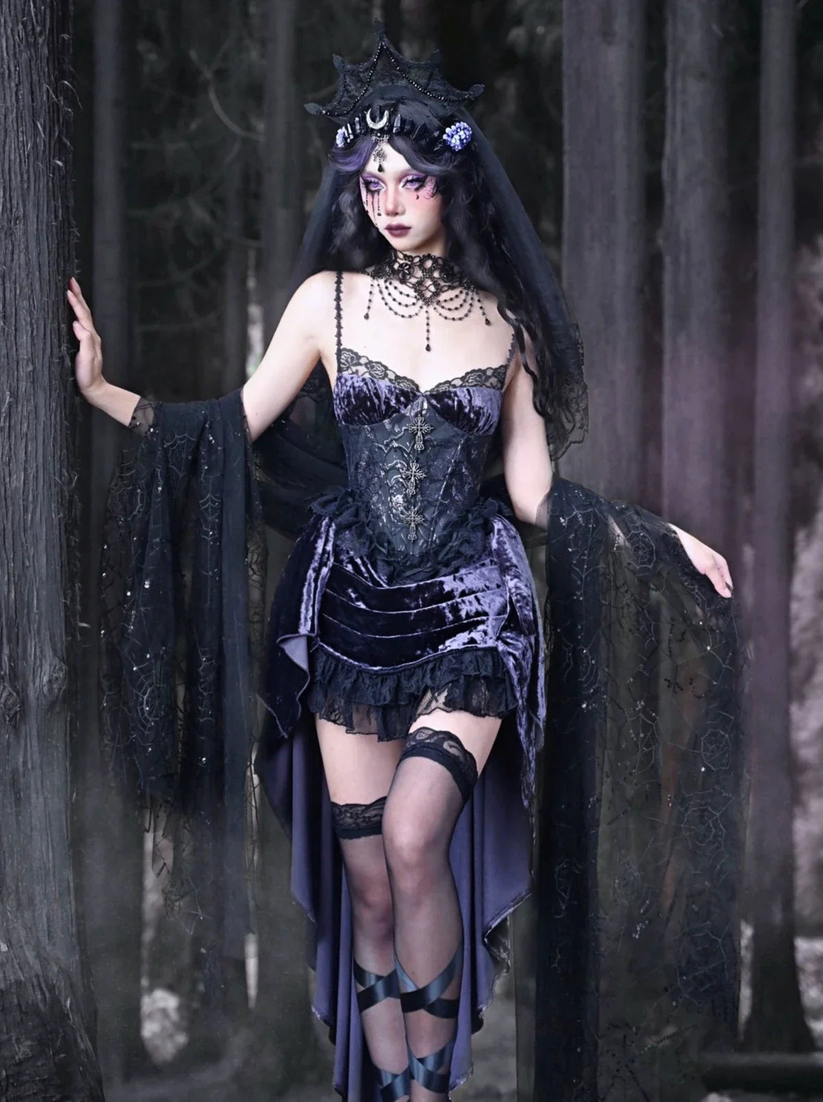 Gothic Lace Luna Suspender Dress Trailing Velvet