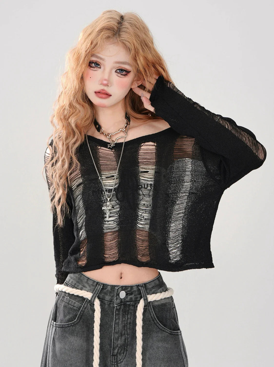 Short Top Ripped + Knit Off-Shoulder Lace-Up Top Back Tube