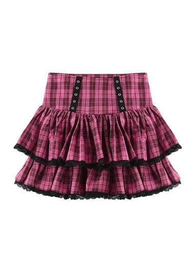 Skirt Ribbon + Top Cake Cami Print Check Black