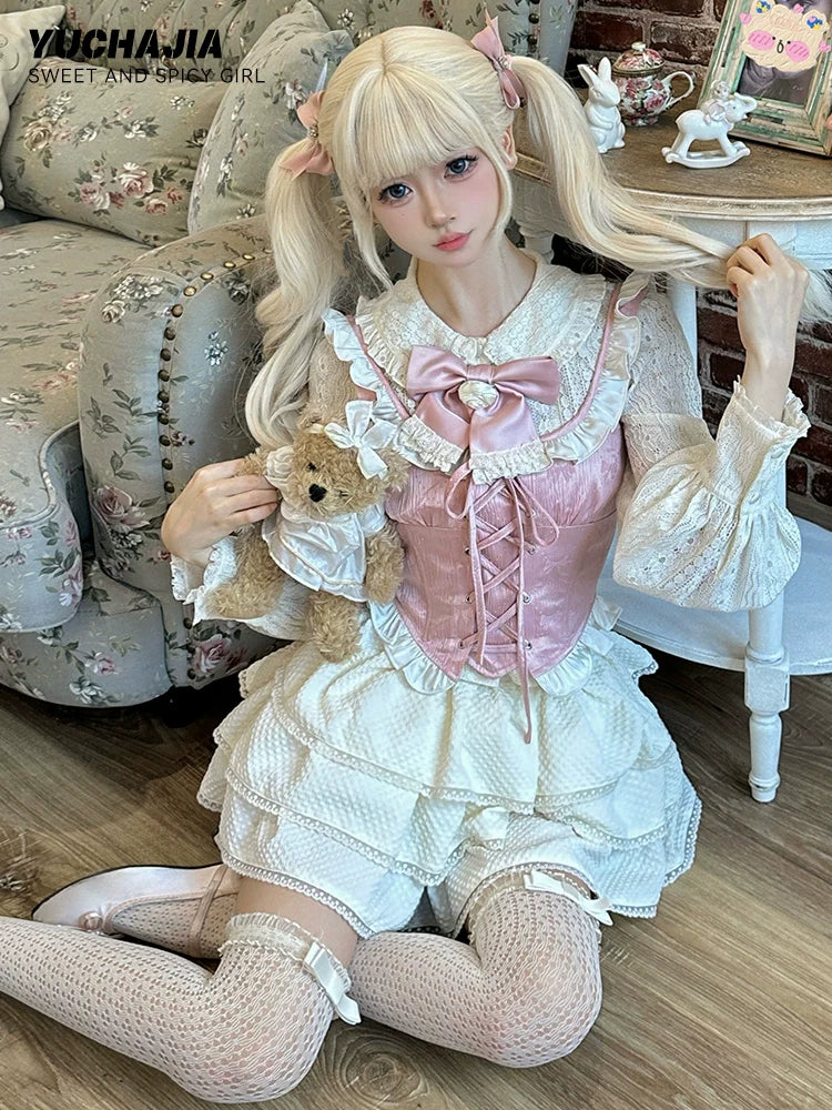 Gilet Fleur + Chemise Princesse + Jupe Gâteau Rose Fille