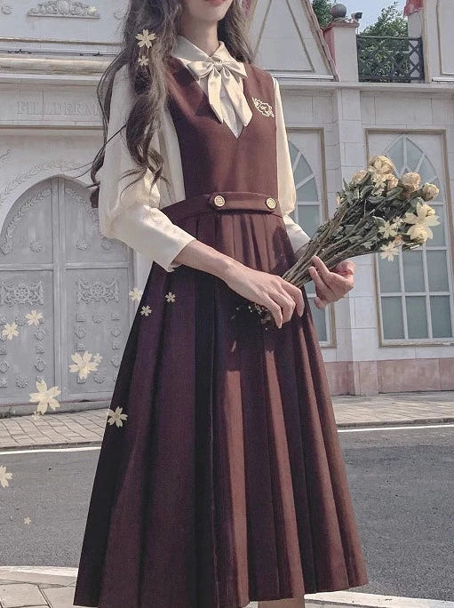 Jupe en mousseline de soie, style ruban, accessoires intérieurs, col en V, chemise crème, gilet d'université