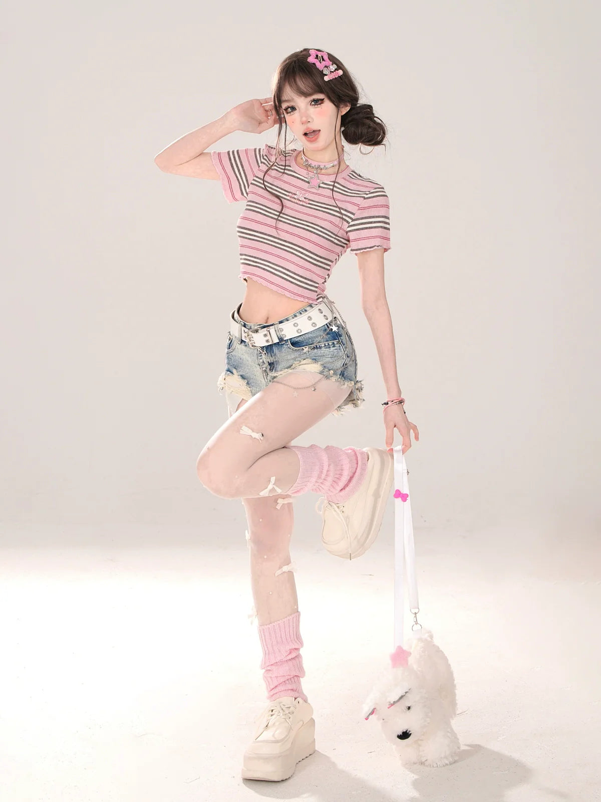 Kurzes rosa T-Shirt Romantic Slim Stripe