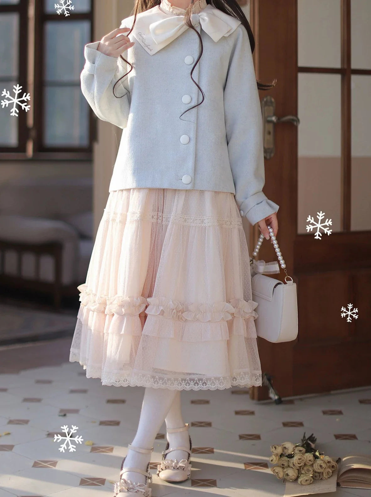Veste à ruban rétro, jupe à col Lolita vert menthe plissée