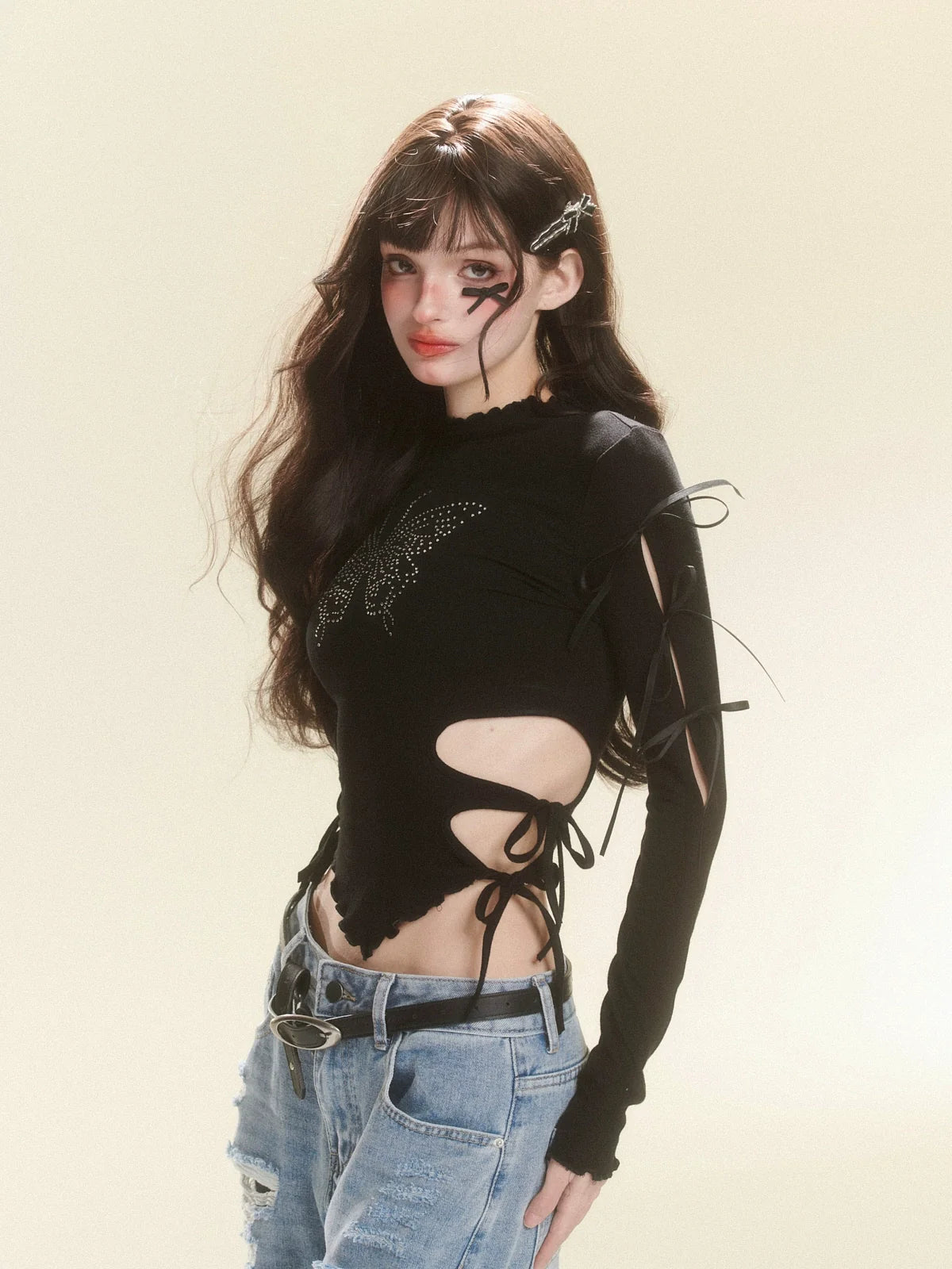 Tops Dark Design Butterfly Slim Waist