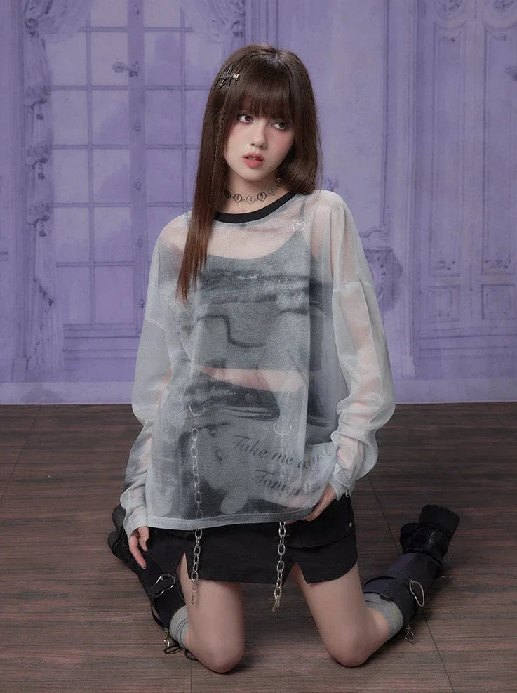 Sheer Print Gray Top Mode Mesh