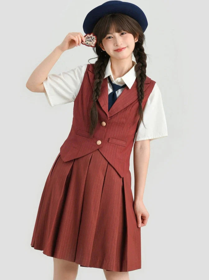 Jupe plissée style collège gilet rouge brique + rayures