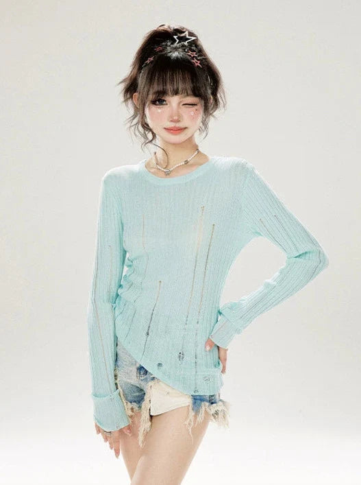 Slim Neck Ground Rippin Knit Irregular Top Summer