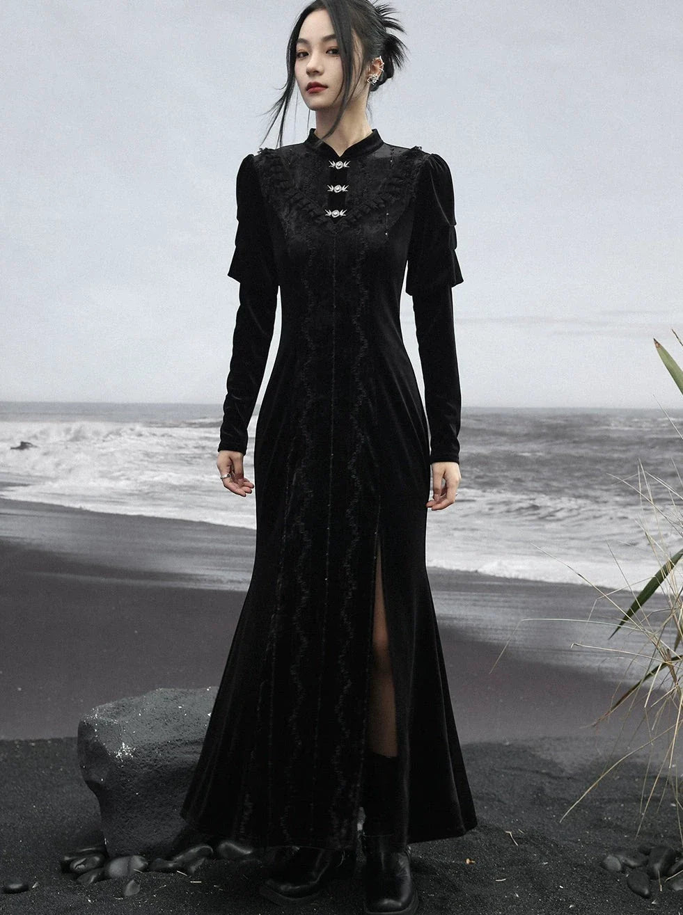 Skirt Retro Slit Long Dark Lace Splicing