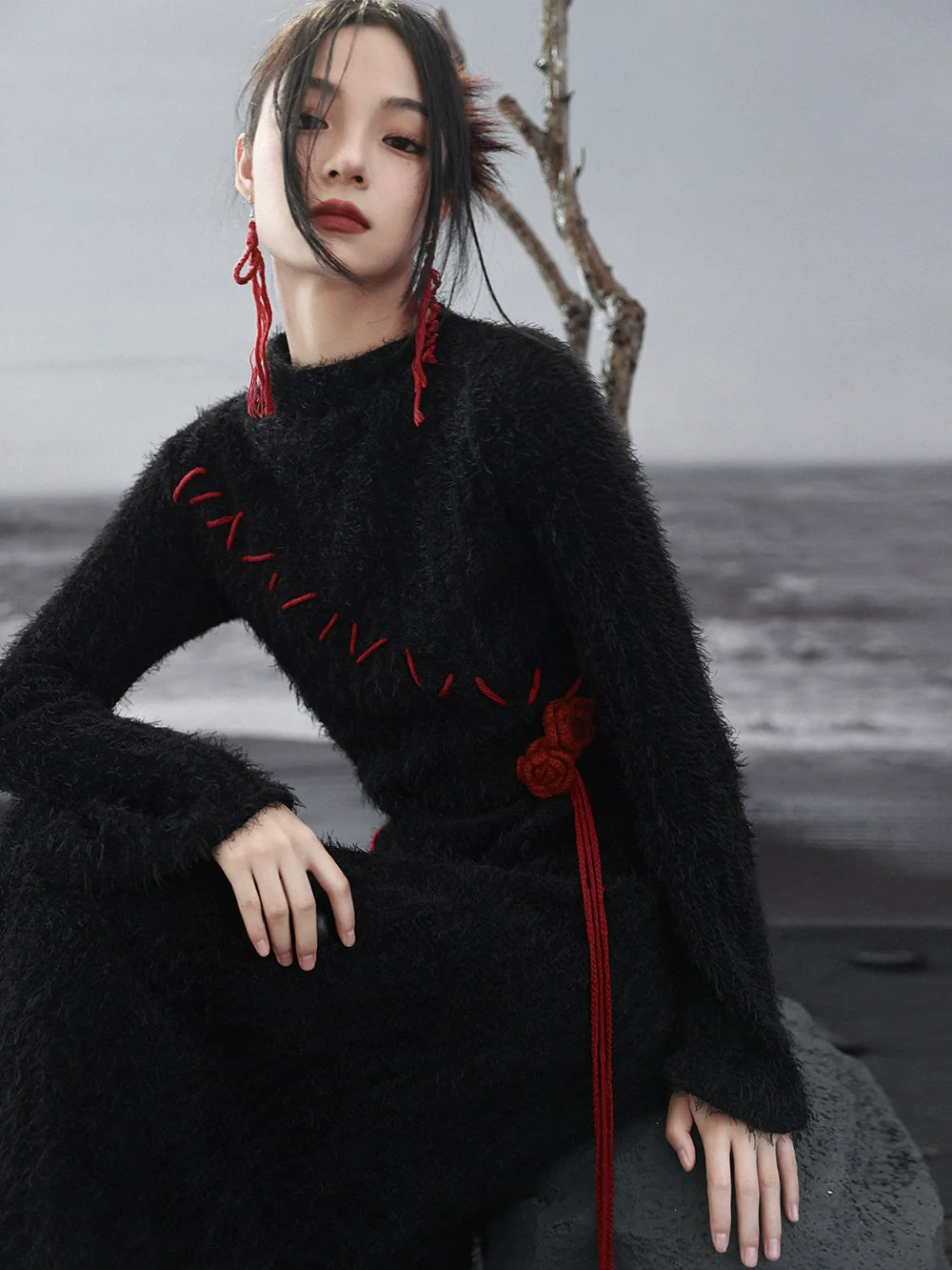 Contrast Dress Rose Irregular Red Knit Sleeve Dark Black Bell