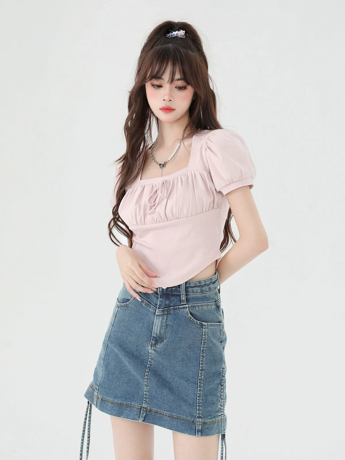 Neck Puff Square Short Top Sleeve