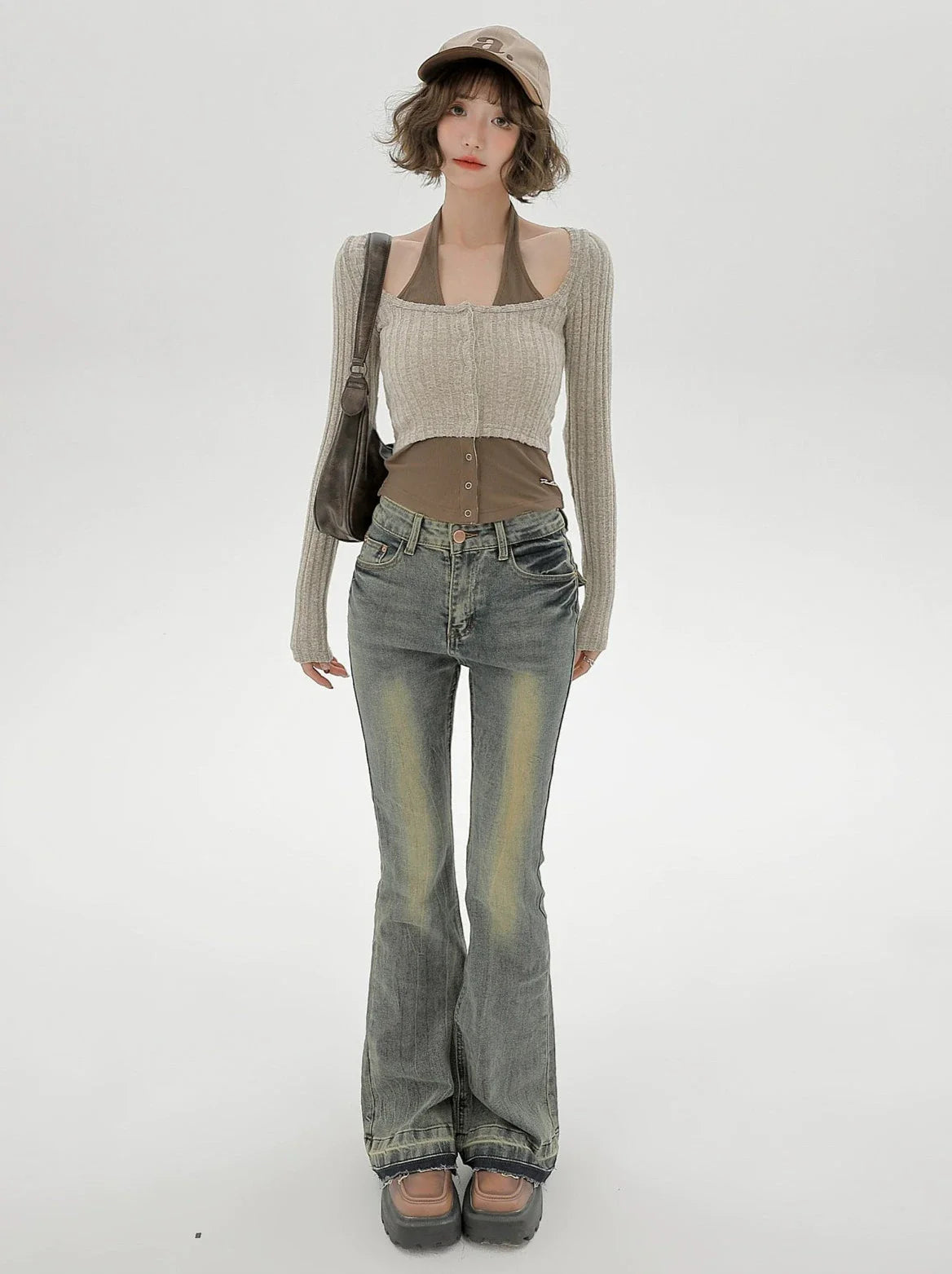 Neck Retro Piece Faux Slim Top Two American Halter