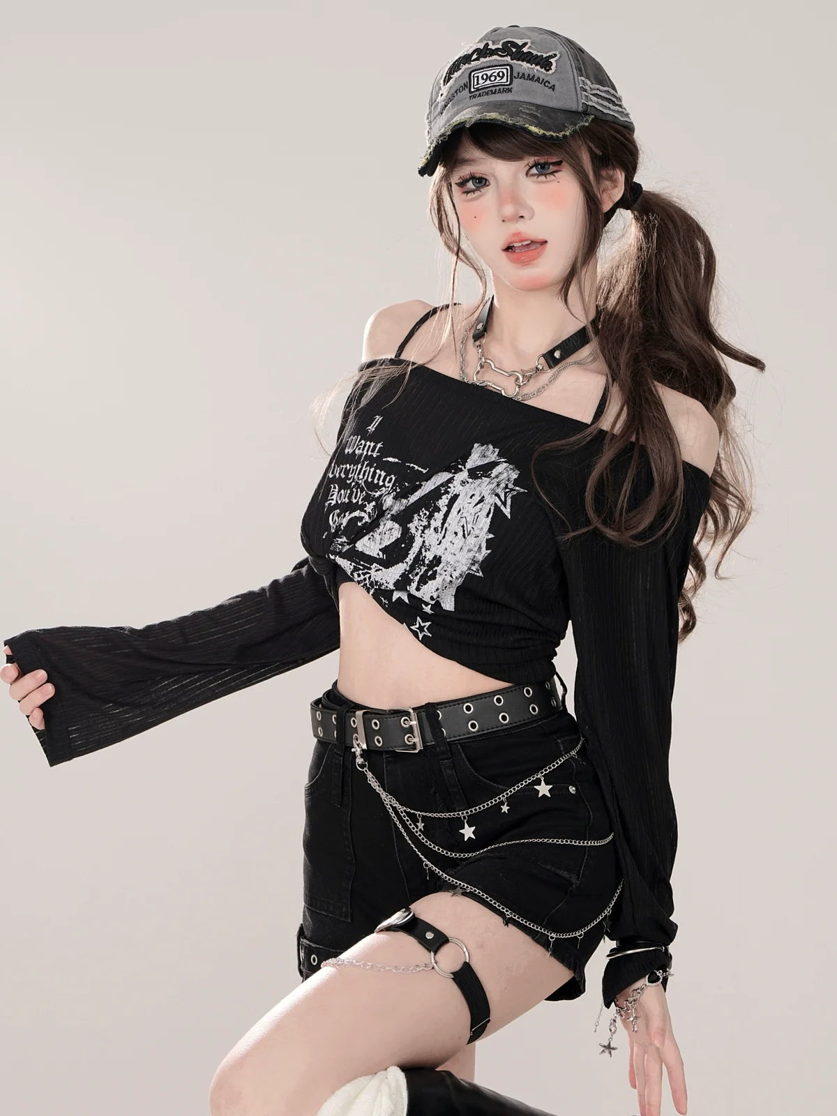 Printed Strap Loose Top Sheer Off-the-shoulder