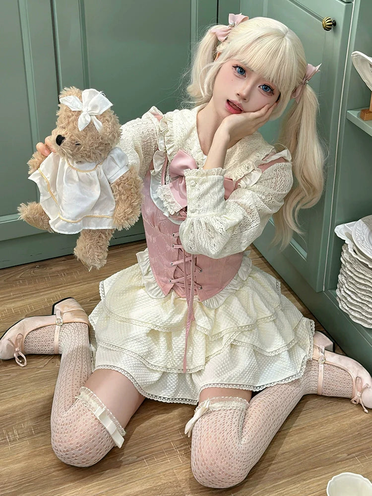 Gilet Fleur + Chemise Princesse + Jupe Gâteau Rose Fille