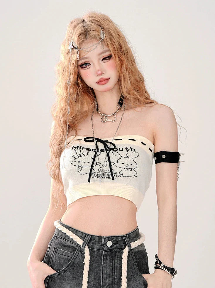 Short Top Ripped + Knit Off-Shoulder Lace-Up Top Back Tube