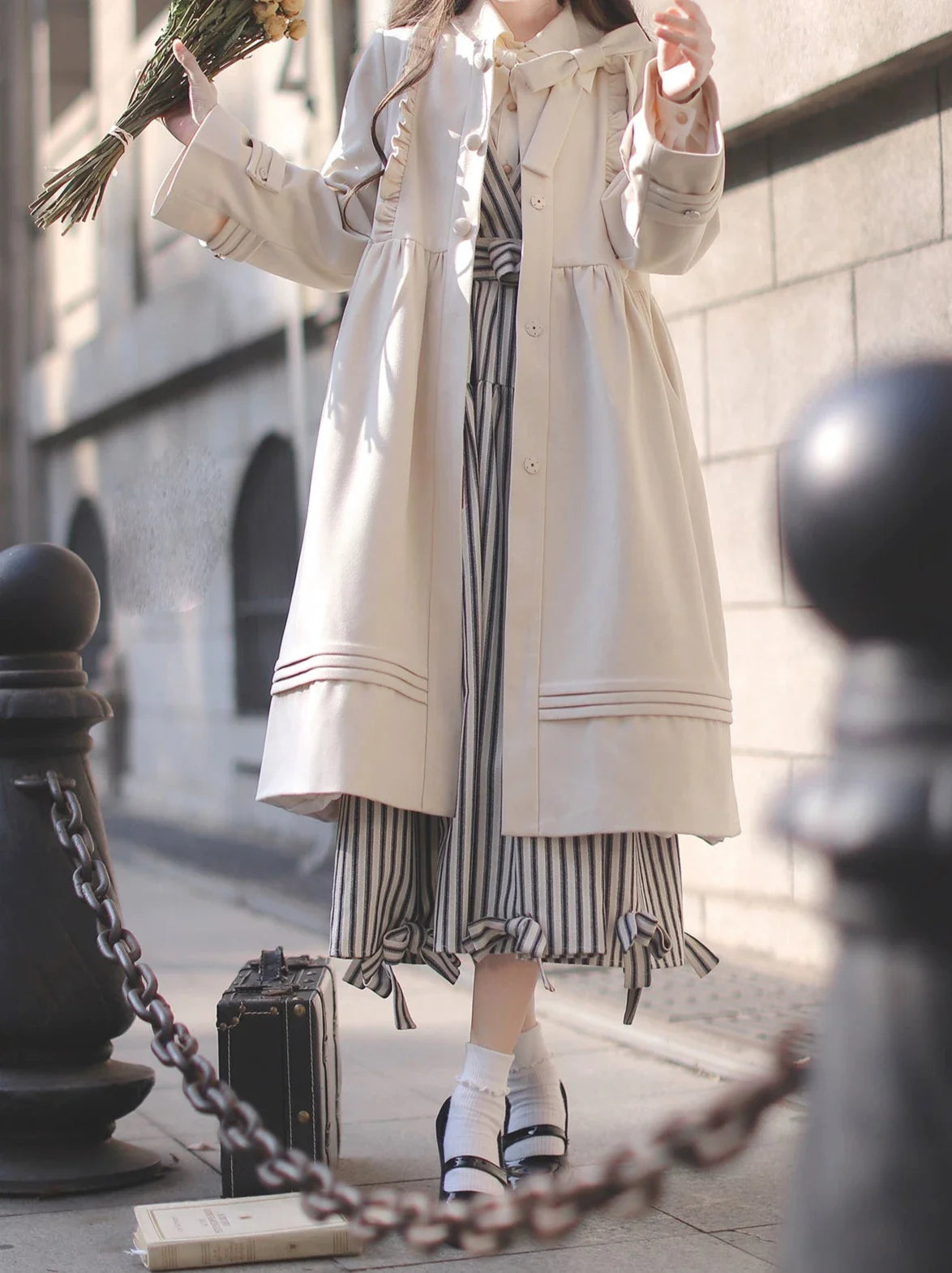 Dress Ribbon Ribbon Shirt Retro French V-Neck Striped