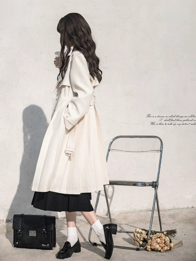 Jupe + Manteau plissé abricot Métal + Ruban noir Chemise universitaire Badge brodé Trench