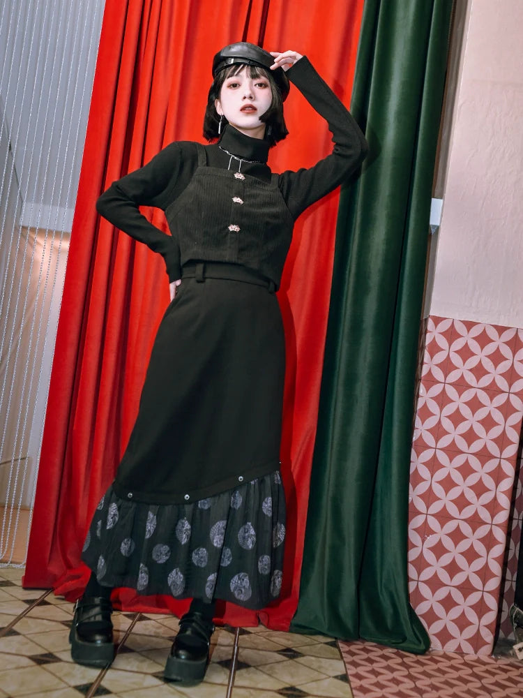 ロングチャイナプラスプリントスカート スプライシングベルベット