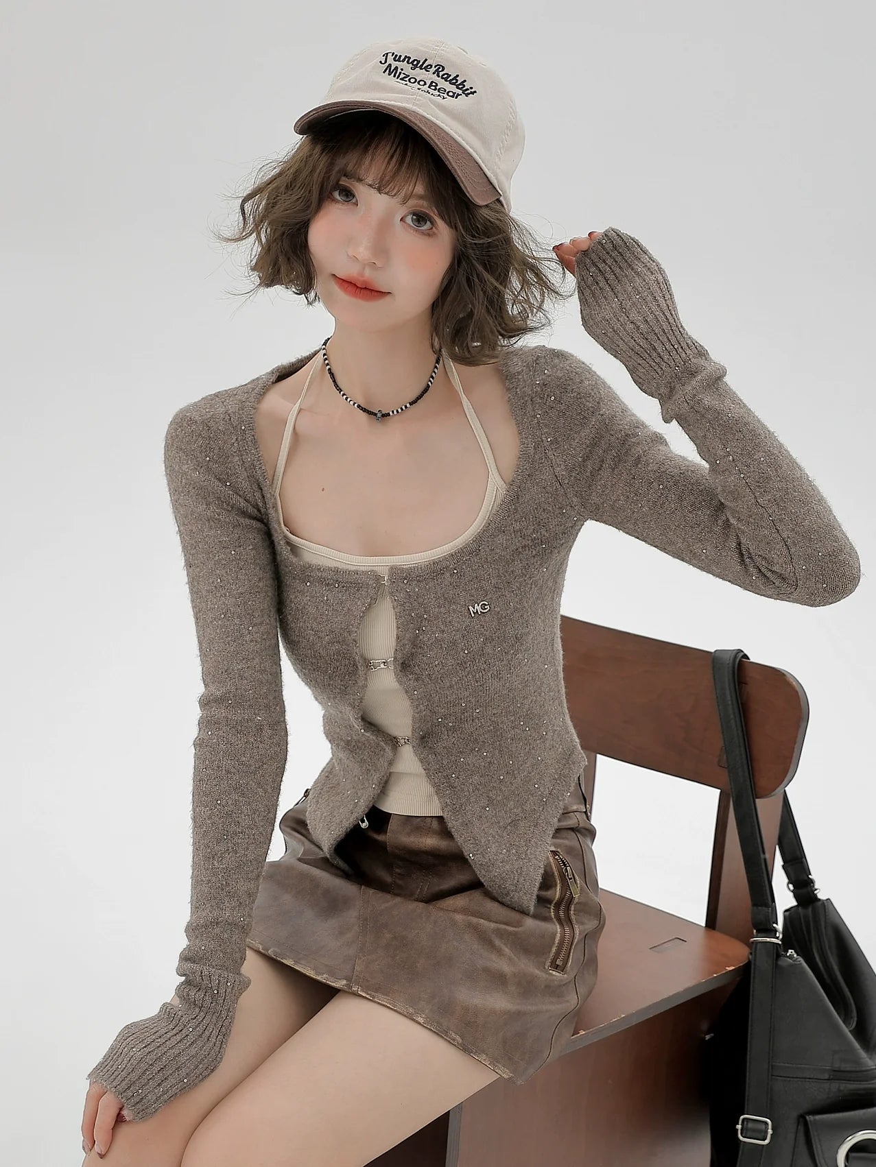 Cardigan Top Retro Suspender Slim Shiny American