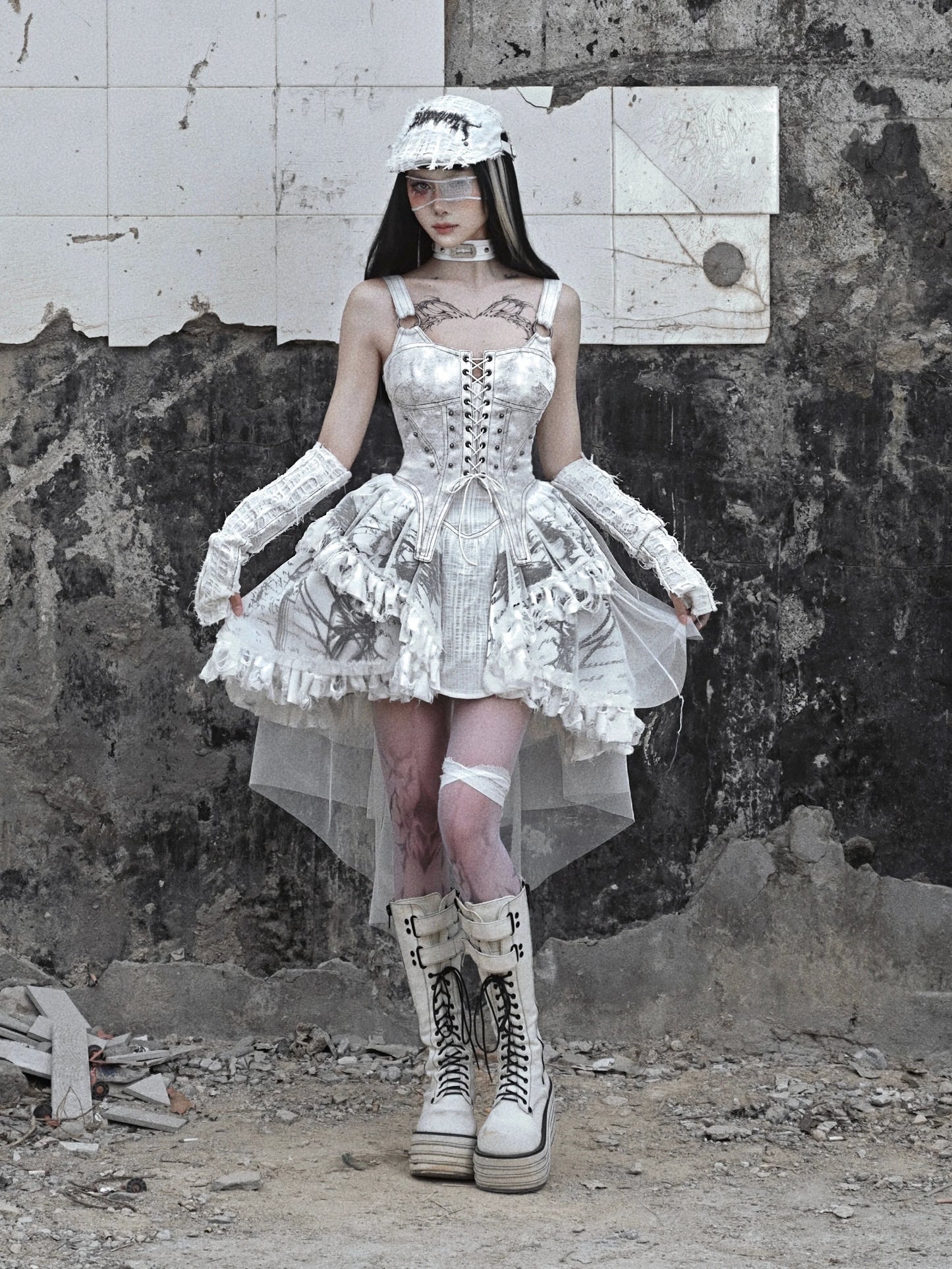 Dress White Lace-up Camisole Gothic