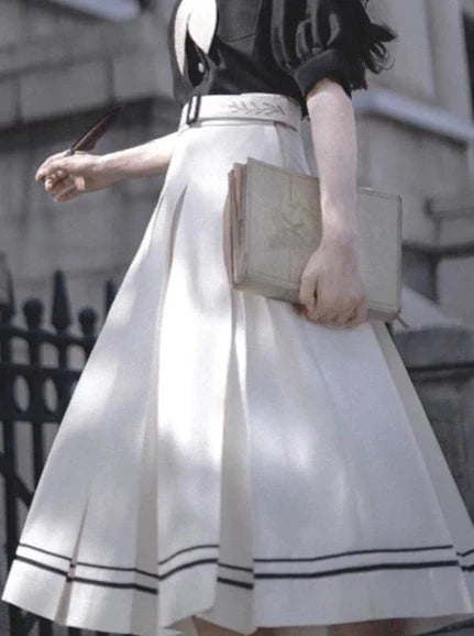 Chemise élégante à manches courtes et oreilles de lapin marin français, style rétro, col bouffant, jupe plissée