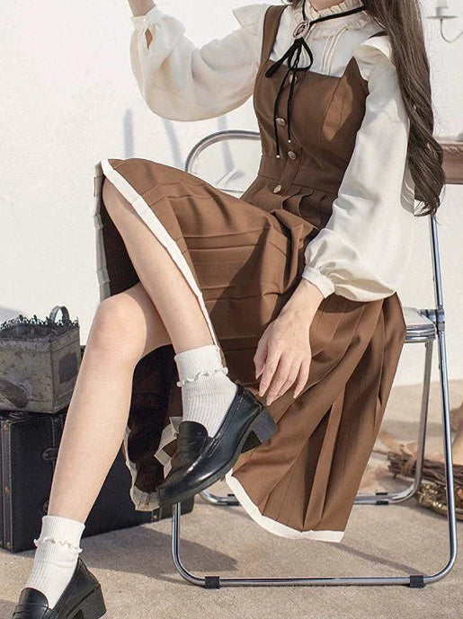 College Dress Shirt Pleated Suspender + Retro Ribbon Accessories Stand Ruffle Collar