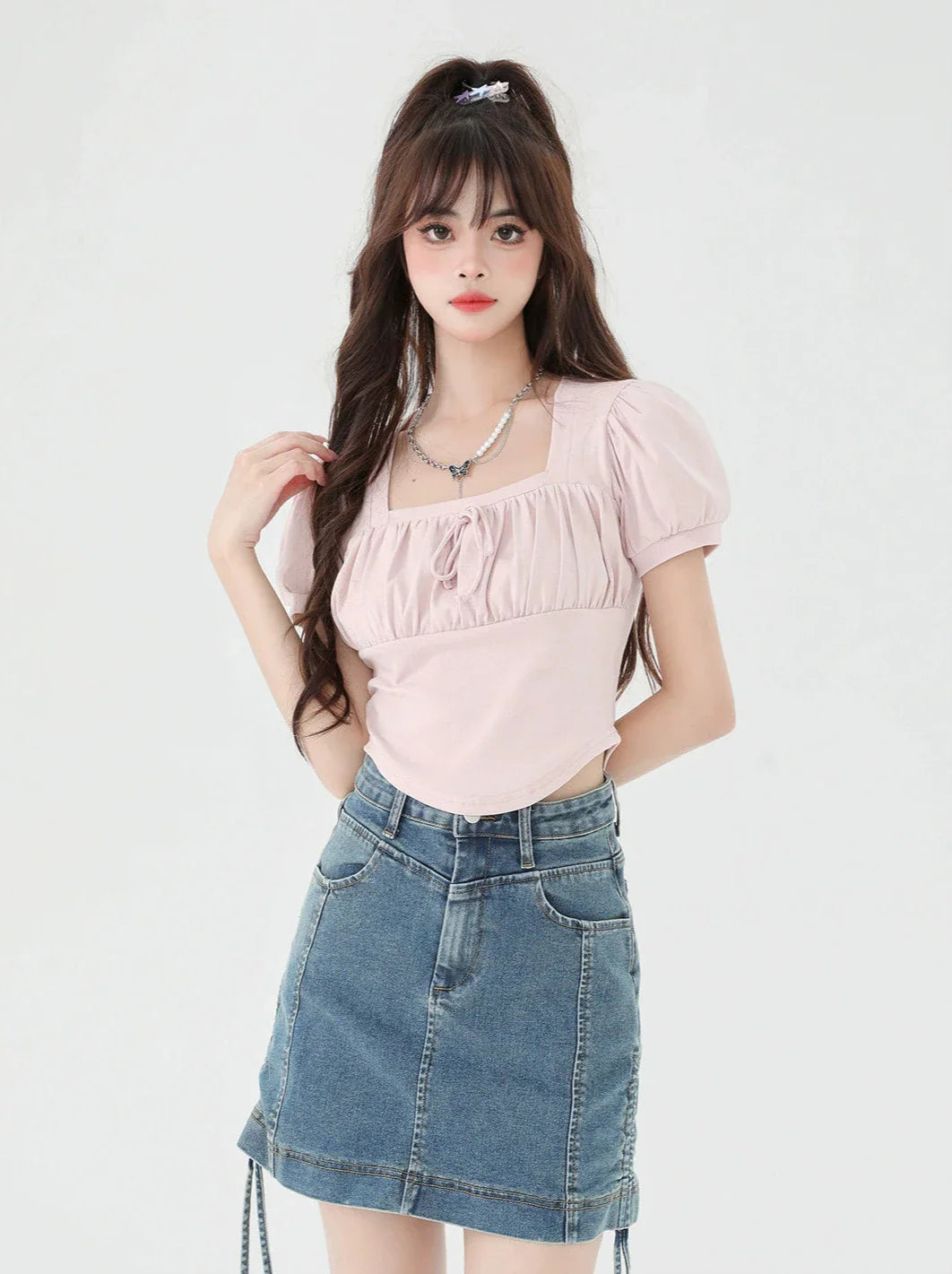 Neck Puff Square Short Top Sleeve