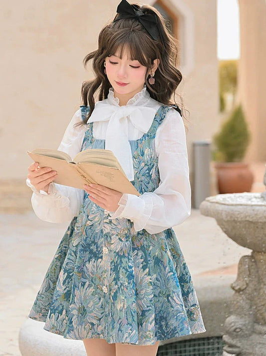 Suspender Forest Taste Oil + Bow Shirt Paint Dress Tie Chiffon Frilled