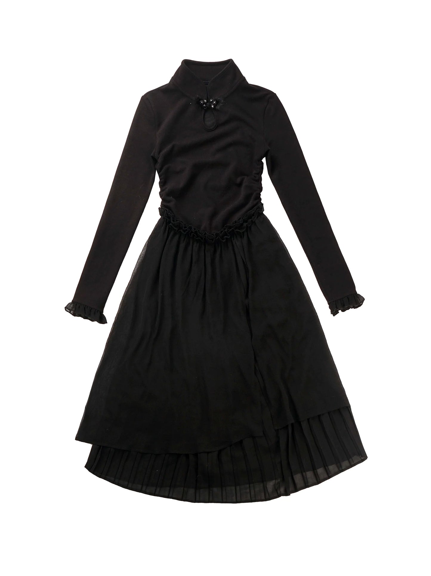 チャイナホイト ブラックニット スプリングウエスト フリル トゥルドレス