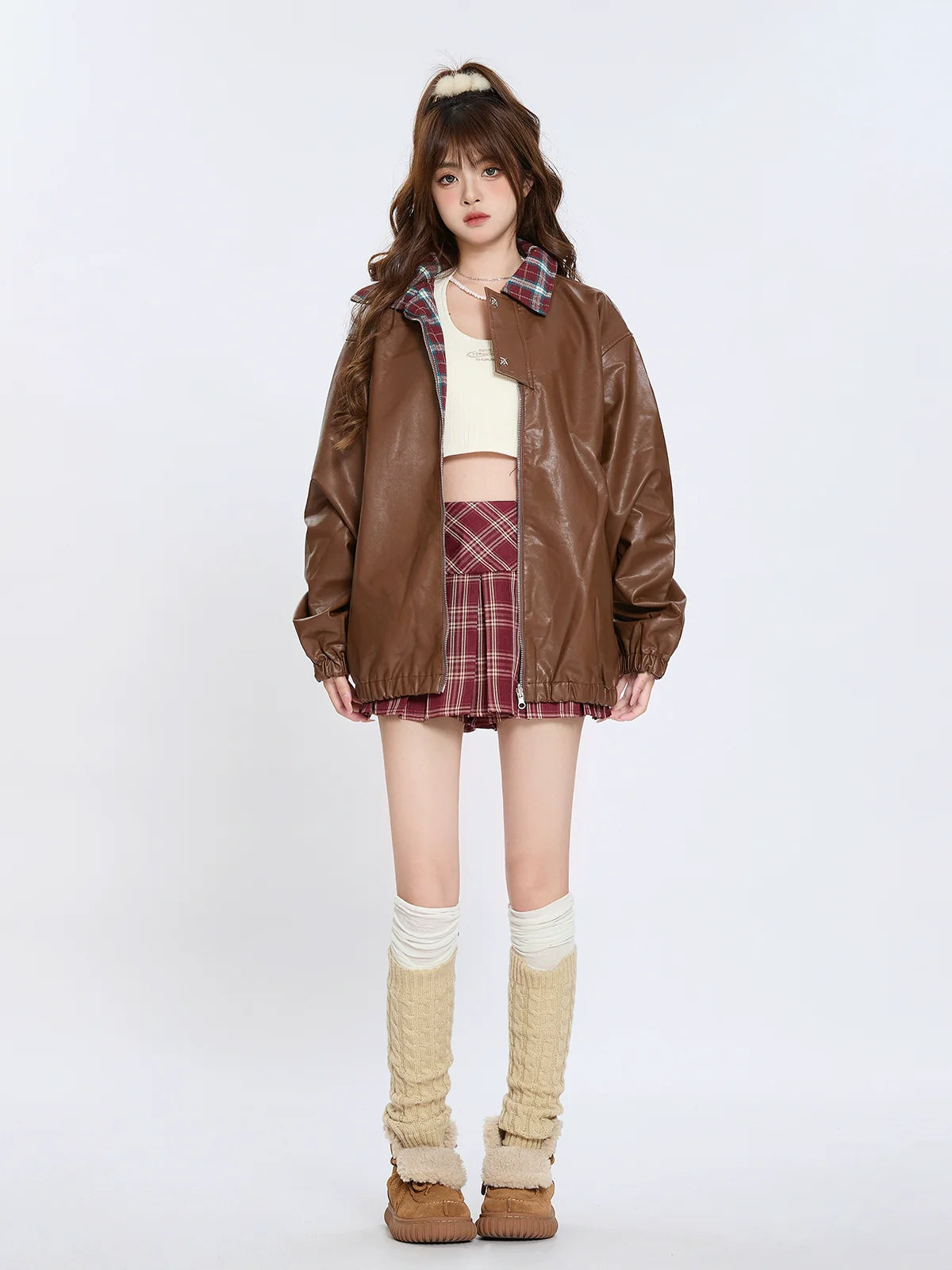 Veste rétro à col à carreaux en cuir ample américain